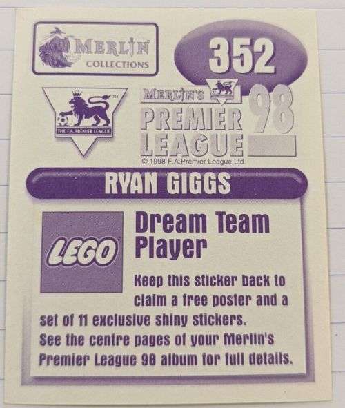 RYAN GIGGS `RARE` MERLIN Premier League Sticker collection 1998 - RARE `STICKER` 352