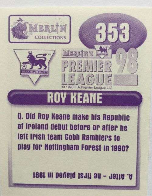 ROY KEANE - MERLIN Premier League Sticker collection 1998 - RARE `STICKER` 353