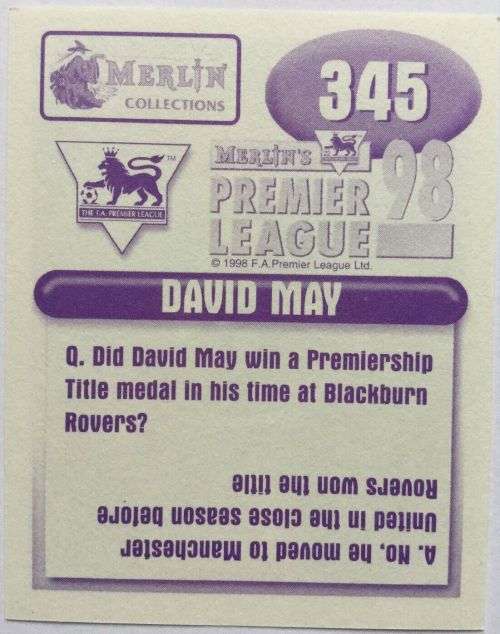 DAVID MAY - MERLIN Premier League Sticker collection 1998 - RARE `STICKER` 345