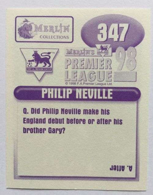 PHILIP NEVILLE - MERLIN Premier League Sticker collection 1998 - RARE `STICKER` 347