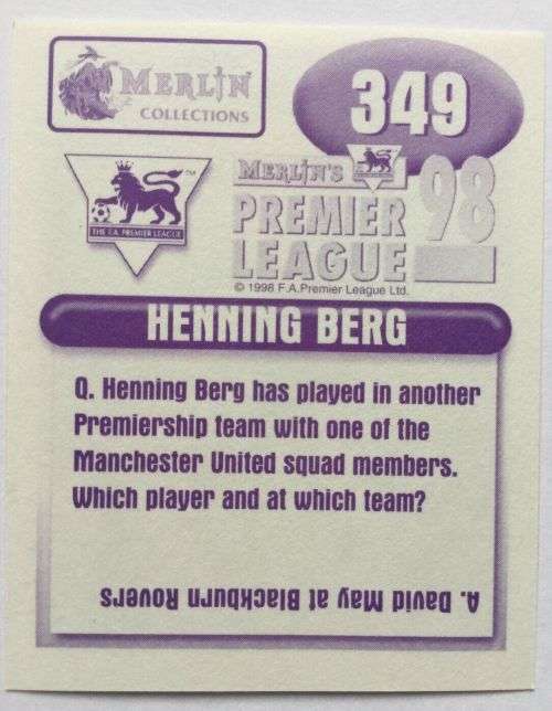 HENNING BERG - MERLIN Premier League Sticker collection 1998 - RARE `STICKER` 349