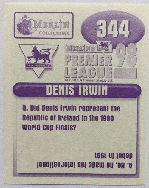 DENIS IRWIN - MERLIN Premier League Sticker collection 1998 - RARE `STICKER` 344