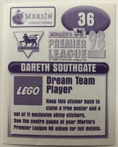 GARETH SOUTHGATE (Aston Villa)  - MERLIN Premier League sticker collection 1998 -`STICKER` 36