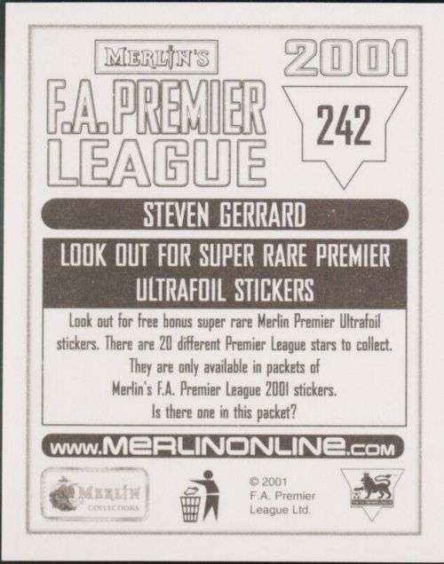 STEVEN GERARD - MERLIN `PREMIER LEAGUE` 2001 - RARE `STICKER` 153