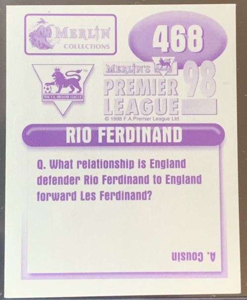 RIO FERDINAND (West Ham)  - MERLIN Premier League sticker collection 1998 - ROOKIE`STICKER` 468