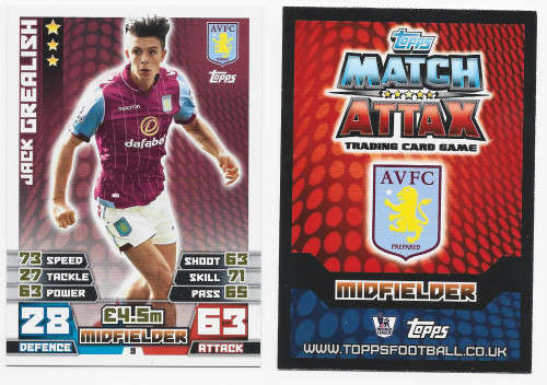 JACK GRELISH (Aston Villa) - TOPPS `MATCH ATTAX PREMIER LEAGUE` 2014/15 - ROOKIE`BASE` TRADING CARD