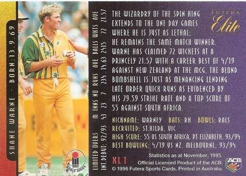 SHANE WARNE - 1996 FUTERA CRICKET `ELITE` PREMIUM - `RARE` `BOX CARD` CARD XL 1