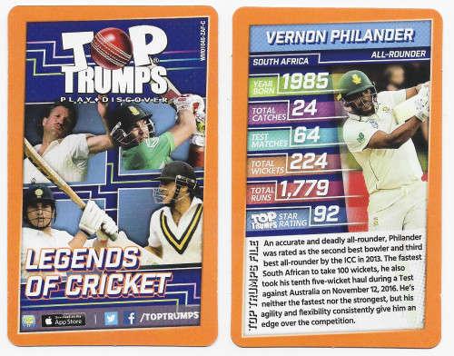 VERNON PHILANDER - TOP TRUMPS 2020 `CRICKET LEGENDS` - RARE `LIMITED EDITION` TRADING CARD