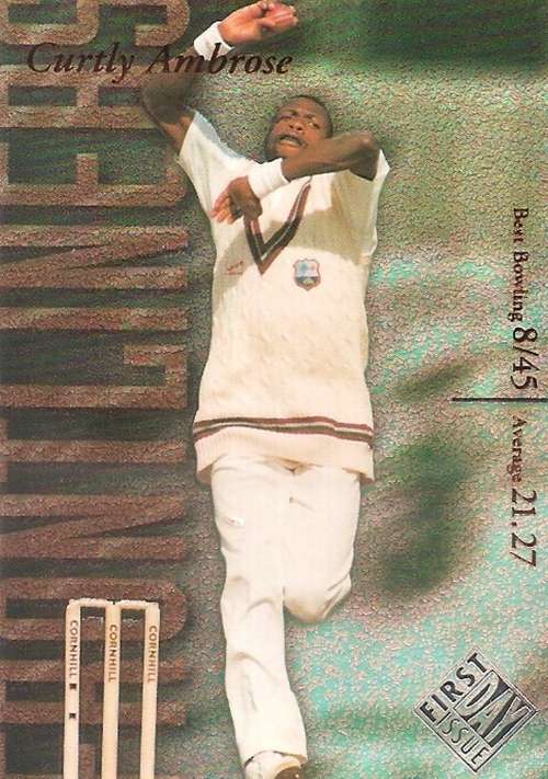 CURTLY AMBROSE  - FUTERA 1996 CRICKET COLLECTION - 1st Day Issue `FRONTLINERS FOIL INSERT CARD FL1