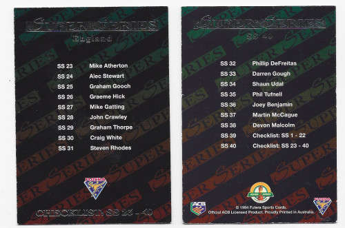 ASHES SERIES - FUTERA 1994 CRICKET `SUPER SERIES`COLLECTION - FOIL `CHECKLIST` TRADING CARD SS40