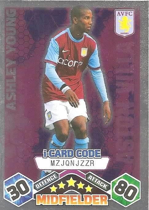 ASHLEY YOUNG (Aston Villa) - TOPPS `MATCH ATTAX` 2009/10 - FOIL `I CARD` TRADING CARD