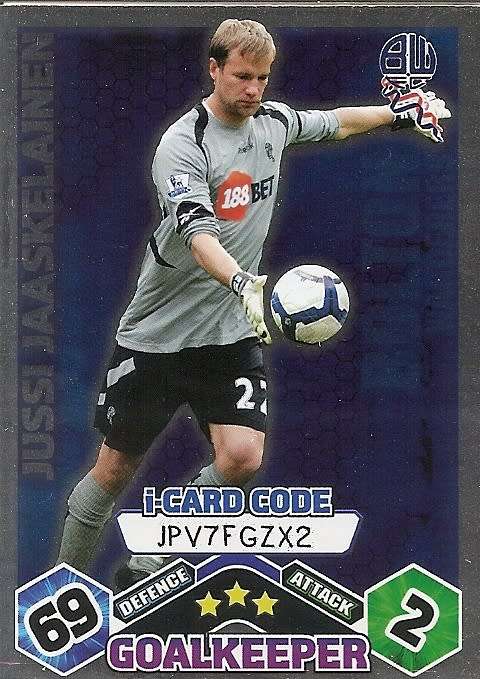 JUSSI JAASKELAINEN (Bolton) - TOPPS `MATCH ATTAX` 2009/10 - FOIL `I CARD` TRADING CARD