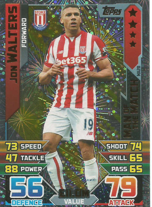 JON WALTERS - TOPPS MATCH ATTAX EXTRA 2016 -   `MAN of the MATCH` TRADING CARD