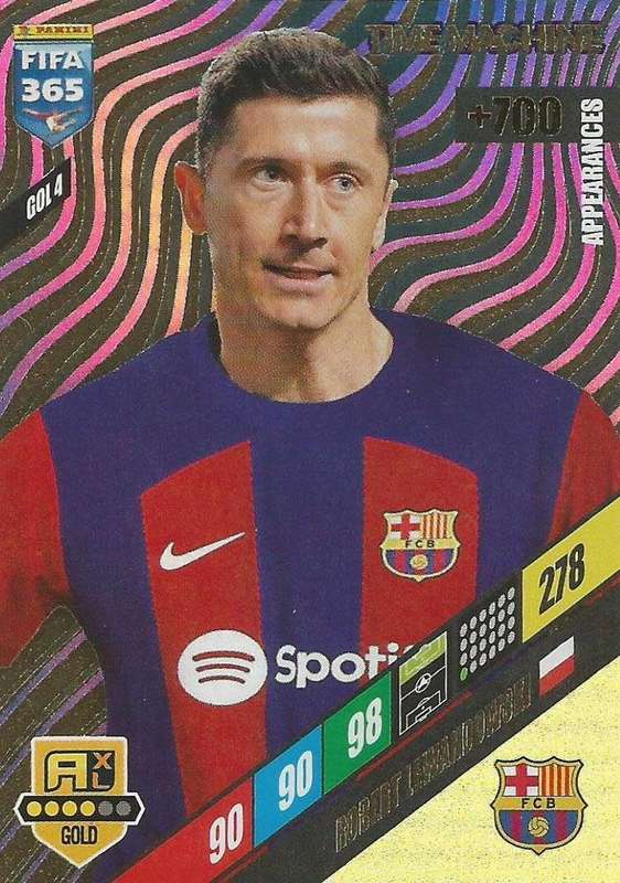 ROBERT LEWANDOWSKI - PANINI `FIFA 365 COLLECTION` 2024 - GOLD `TIME MACHINE` FOIL TRADING CARD GOL4