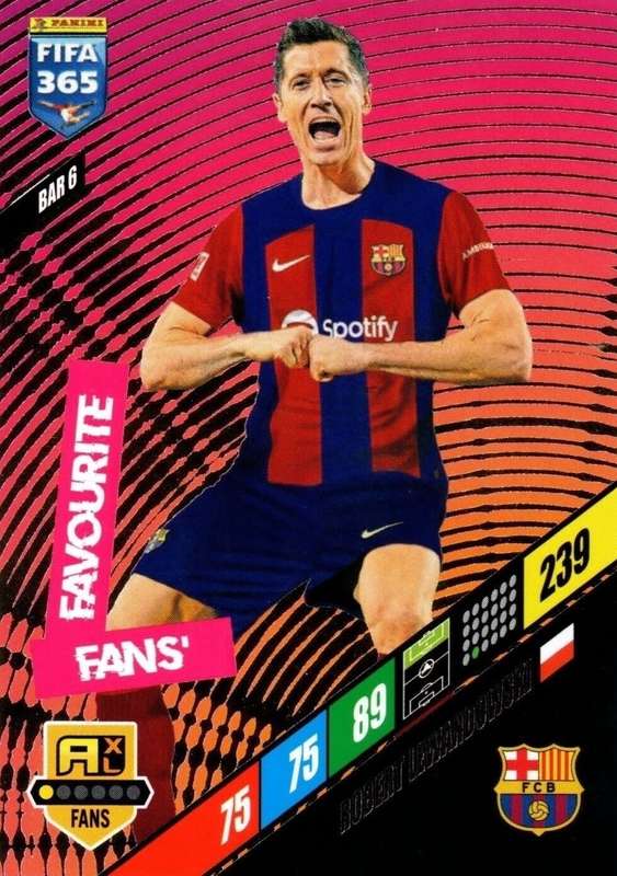 ROBERT LEWANDOWSKI - PANINI `FIFA 365 COLLECTION` 2024 - `FANS FAVOURITE` FOIL TRADING CARD BAR6