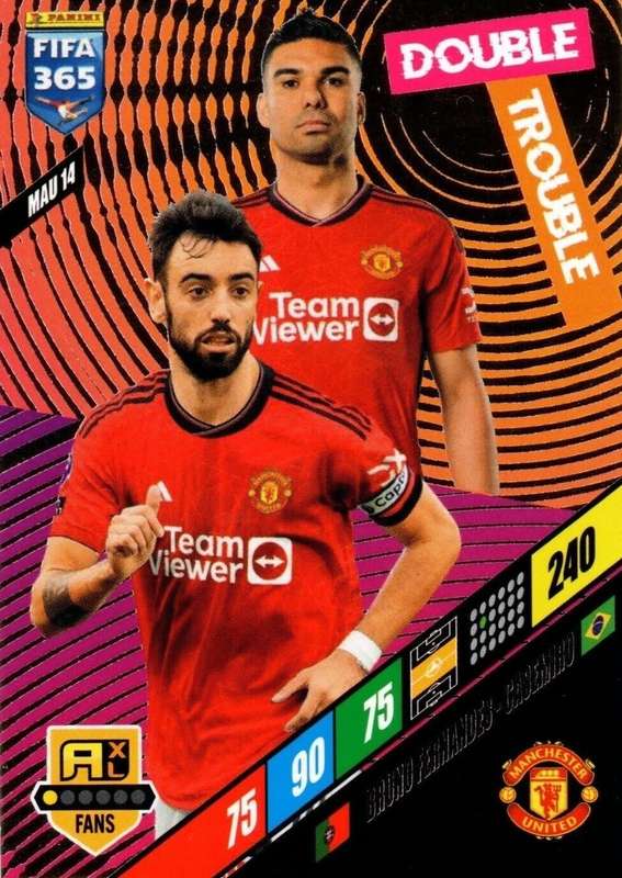 MANCHESTER UNITED - PANINI `FIFA 365 COLLECTION` 2024 - `DOUBLE TROUBLE` FOIL TRADING CARD MAU14