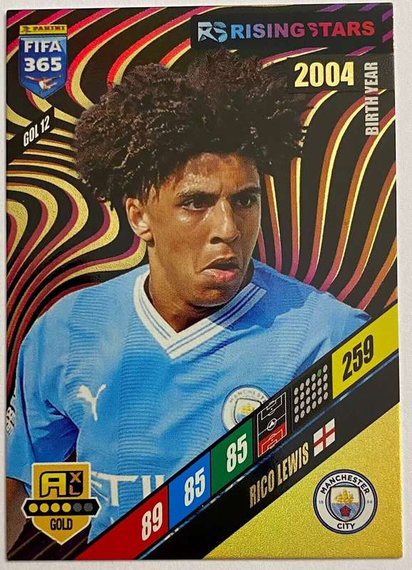 RICO LEWIS - PANINI `FIFA 365 COLLECTION` 2024 - GOLD `RISING STAR` FOIL TRADING CARD GOL12