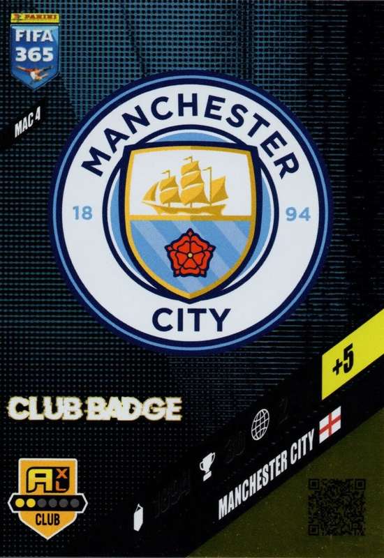 MANCHESTR CITY FC - PANINI `FIFA 365 COLLECTION` 2024 - `CLUB CREST` FOIL TRADING CARD MAC4