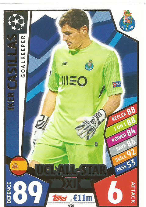 IKER CASILLAS - TOPPS CHAMPIONS LEAGUE 2017/2018 -  `UCL ALL STAR XI` FOIL TRADING CARD