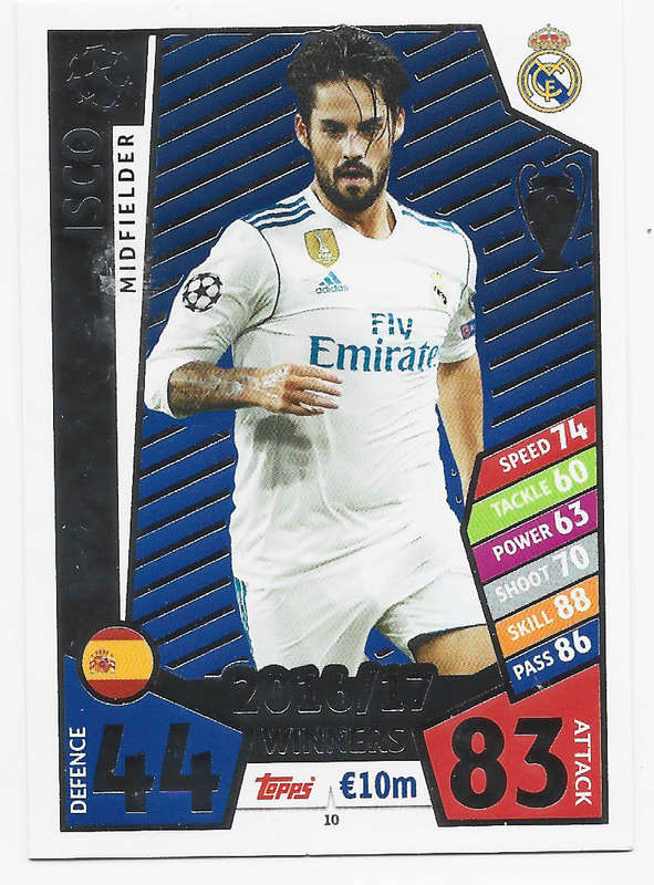 ISCO - TOPPS CHAMPIONS LEAGUE 2017/18 - Real Madrid `WINNERS 2016/17` FOIL TRADING CARD 10