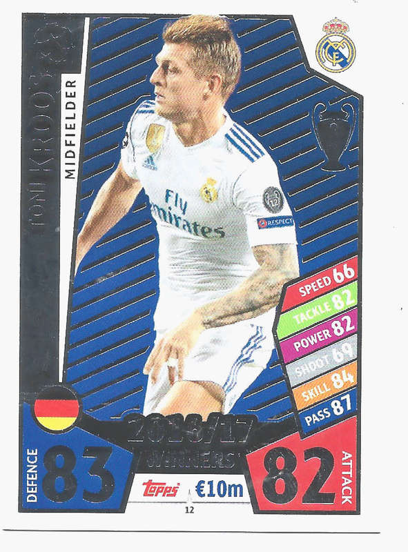 TONI KROOS - TOPPS CHAMPIONS LEAGUE 2017/18 - Real Madrid `WINNERS 2016/17` FOIL TRADING CARD 12