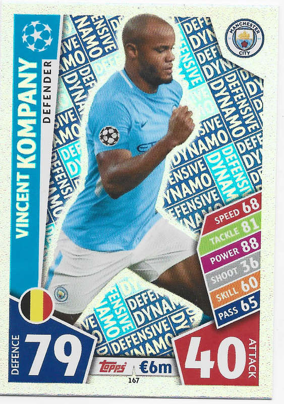 VINCENT KOMPANY - TOPPS CHAMPIONS LEAGUE 2017/18 -  `DEFENDER` FOIL TRADING CARD 167