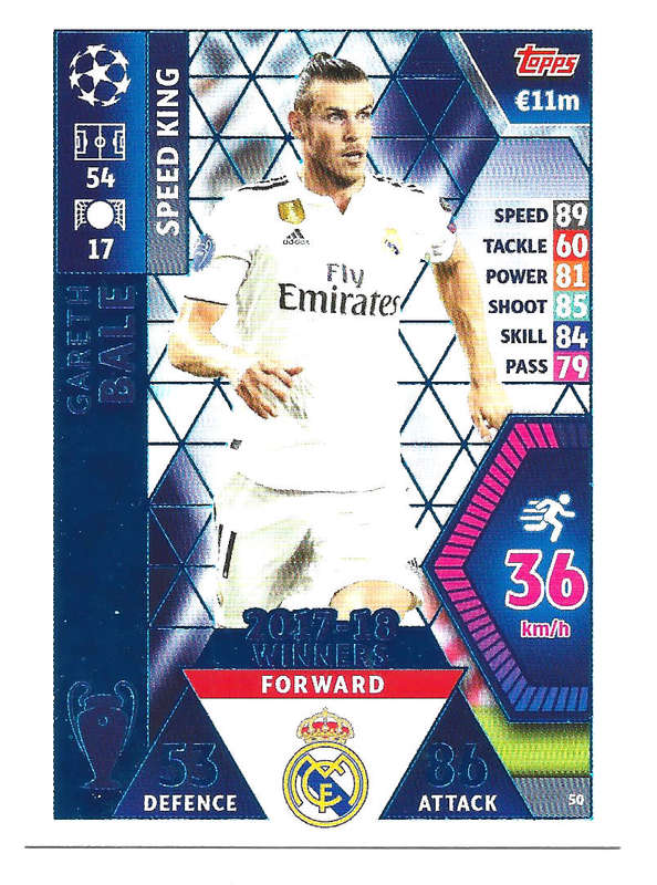 GARETH BALE - TOPPS `CHAMPIONS LEAGUE` 2018/19 -  `WINNERS 2017/18` FOIL TRADING CARD 50