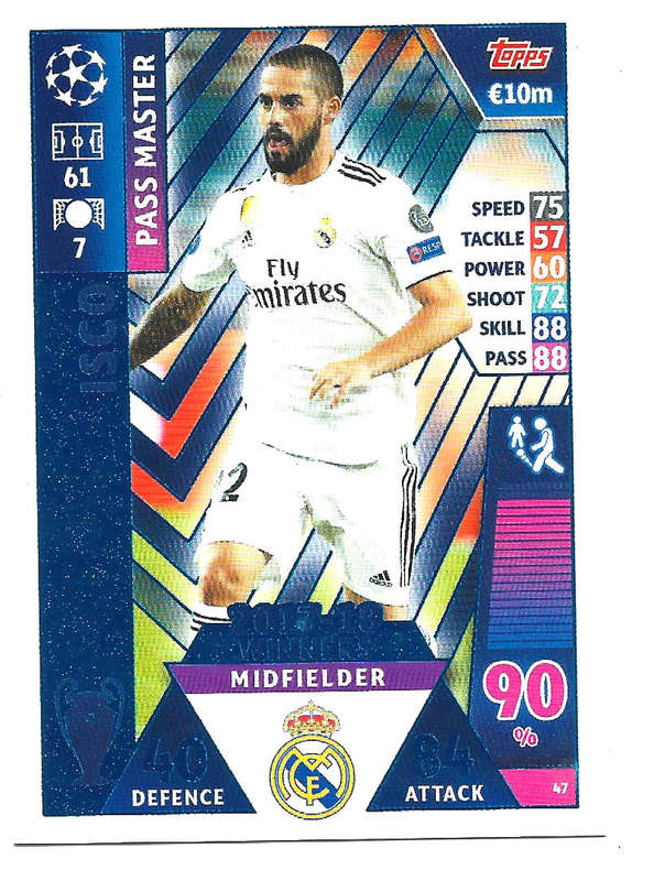 ISCO - TOPPS `CHAMPIONS LEAGUE` 2018/19 -  `WINNERS 2017/18` FOIL TRADING CARD 47
