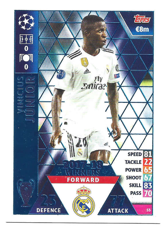 VINICIUS Jr - TOPPS `CHAMPIONS LEAGUE` 2018/19 -  ROOKIE `WINNERS 2017/18` FOIL TRADING CARD 53