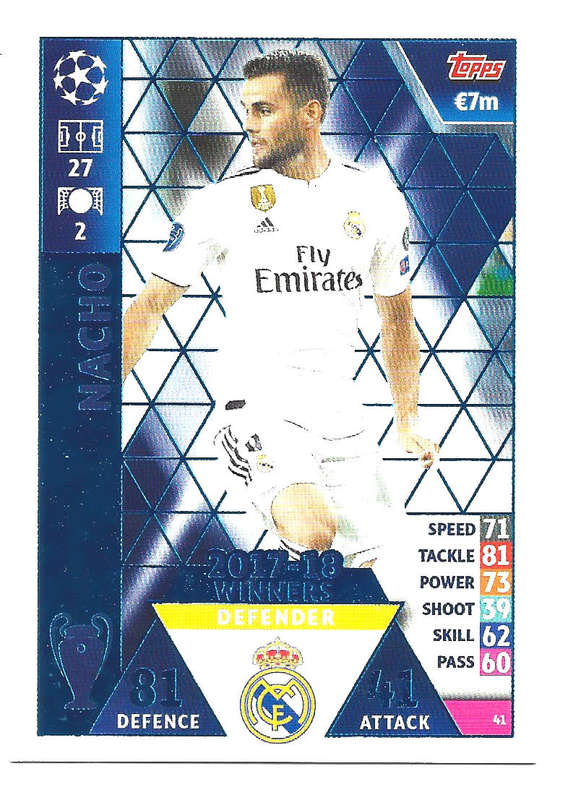 NACHO - TOPPS `CHAMPIONS LEAGUE` 2018/19 -  ROOKIE `WINNERS 2017/18` FOIL TRADING CARD 41