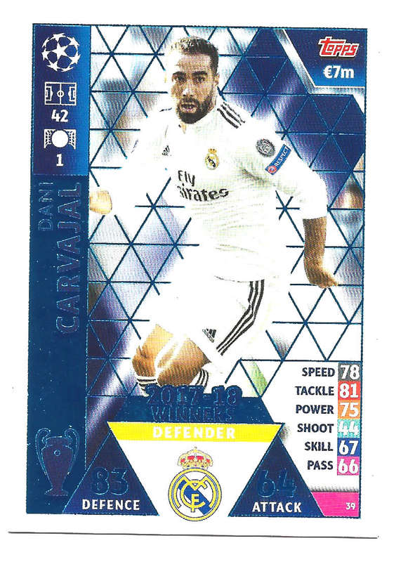 DANI CARVAJAL - TOPPS `CHAMPIONS LEAGUE` 2018/19 -  ROOKIE `WINNERS 2017/18` FOIL TRADING CARD 39