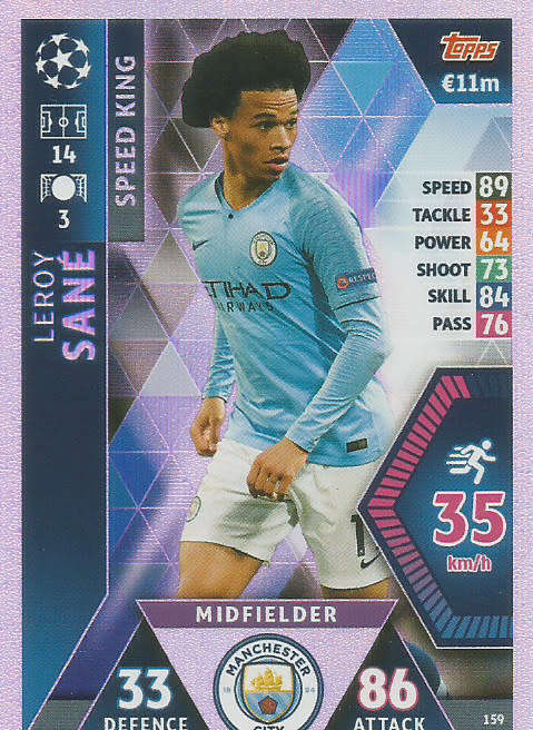 LEROY SANE  - TOPPS `CHAMPIONS LEAGUE` 2018/19 -  `SPEED KING` FOIL TRADING CARD 159