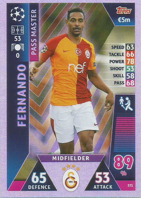 FERNANDO  - TOPPS `CHAMPIONS LEAGUE` 2018/19 -  `PASS MASTER` FOIL TRADING CARD 371