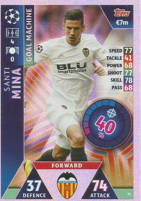 SANTI MINA  - TOPPS `CHAMPIONS LEAGUE` 2018/19 -  `GOAL MACHINE` FOIL TRADING CARD 71
