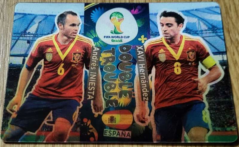 INIESTA/XAVI  - PANINI `FIFA WORLD CUP 2014` COLLECTION - 3D `DOUBLE TROUBLE` RARE CARD