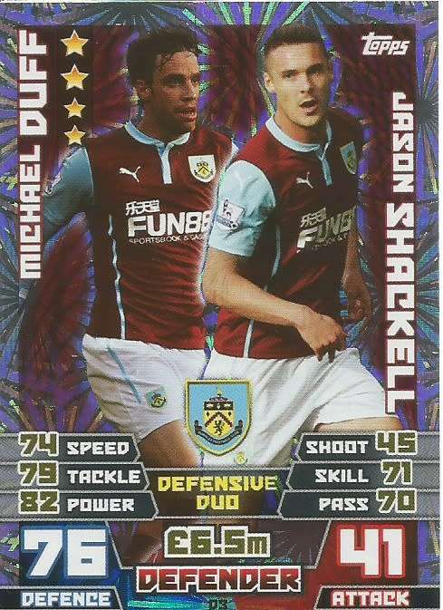 BURNLEY   - TOPPS `MATCH ATTAX EXTRA` 2015 - `DUO` FOIL TRADING CARD