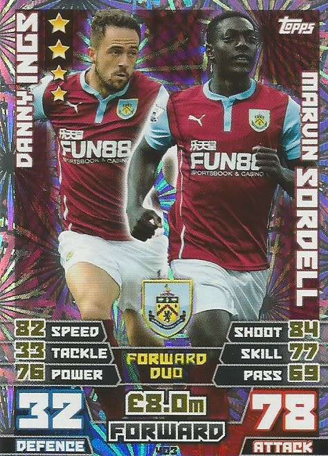 BURNLEY FC   - TOPPS `MATCH ATTAX EPL` 2014/15 - `DUO` FOIL TRADING CARD