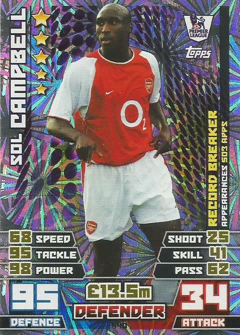 SOL CAMPBELL - TOPPS `MATCH ATTAX EPL` 2014/15 - FOIL `RECORD BREAKER` TRADING CARD 440