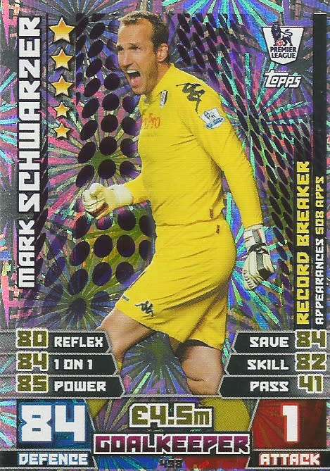 MARK SCHWARZER - TOPPS `MATCH ATTAX EPL` 2014/15 - FOIL `RECORD BREAKER` TRADING CARD 438