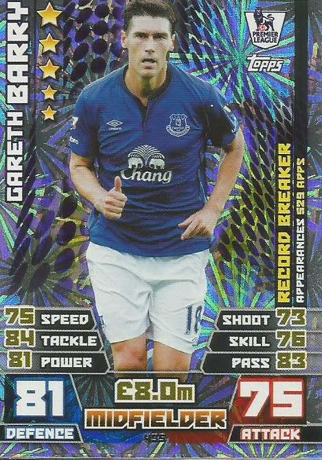 GARETH BARRY - TOPPS `MATCH ATTAX EPL` 2014/15 - FOIL `RECORD BREAKER` TRADING CARD 435
