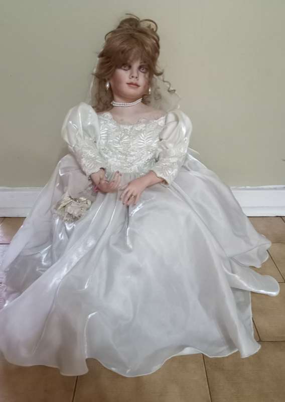 PORCELAIN ANTIQUE DOLL - BRIDE DOLL 60+ cm TALL WITH STAND - EXCELLENT DETAIL