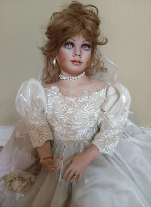 PORCELAIN ANTIQUE DOLL - BRIDE DOLL 60+ cm TALL WITH STAND - EXCELLENT DETAIL