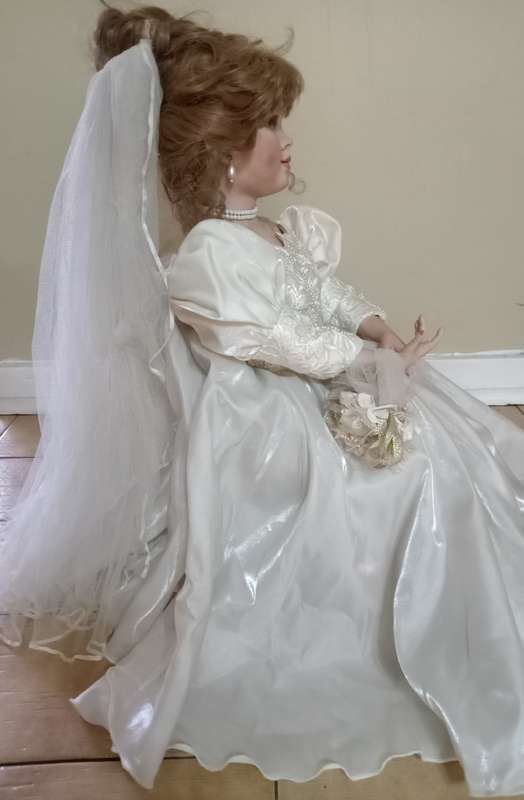 PORCELAIN ANTIQUE DOLL - BRIDE DOLL 60+ cm TALL WITH STAND - EXCELLENT DETAIL