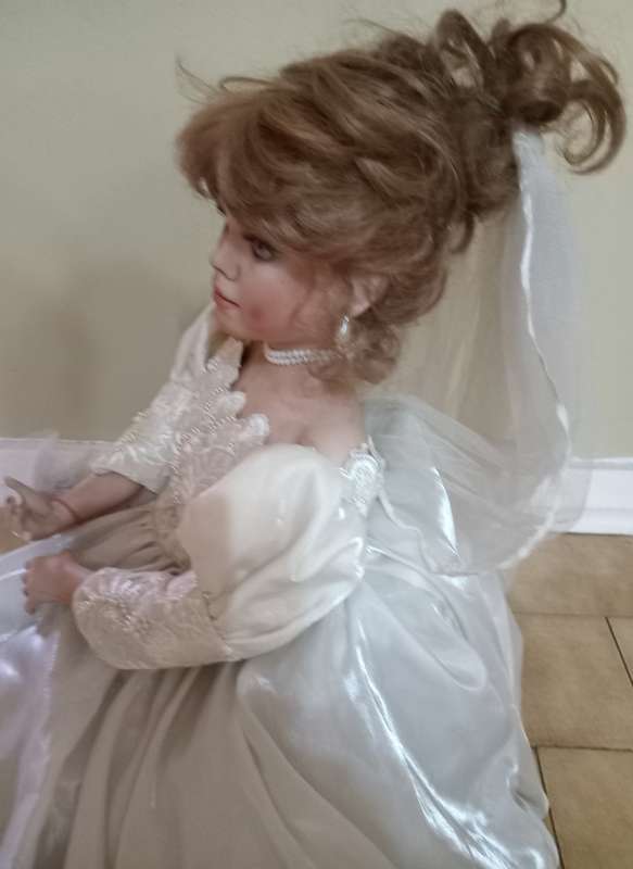 PORCELAIN ANTIQUE DOLL - BRIDE DOLL 60+ cm TALL WITH STAND - EXCELLENT DETAIL