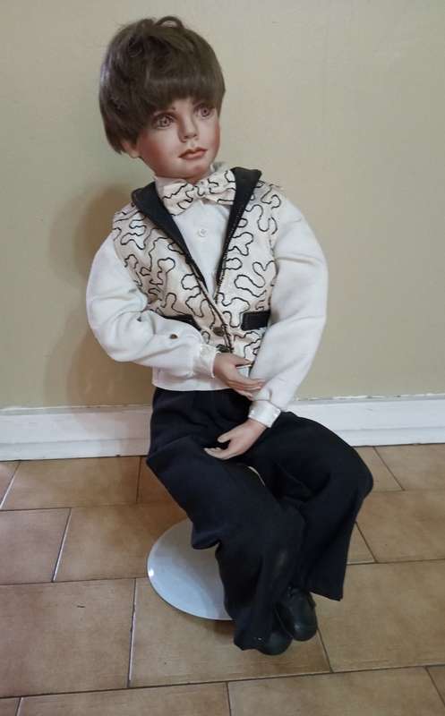 PORCELAIN ANTIQUE DOLL - BRIDAL GROOM DOLL 60+ cm TALL WITH STAND - EXCELLENT DETAIL
