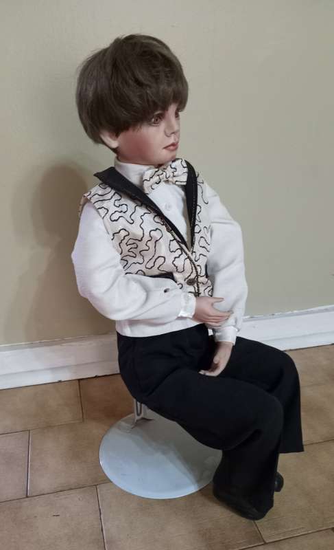 PORCELAIN ANTIQUE DOLL - BRIDAL GROOM DOLL 60+ cm TALL WITH STAND - EXCELLENT DETAIL