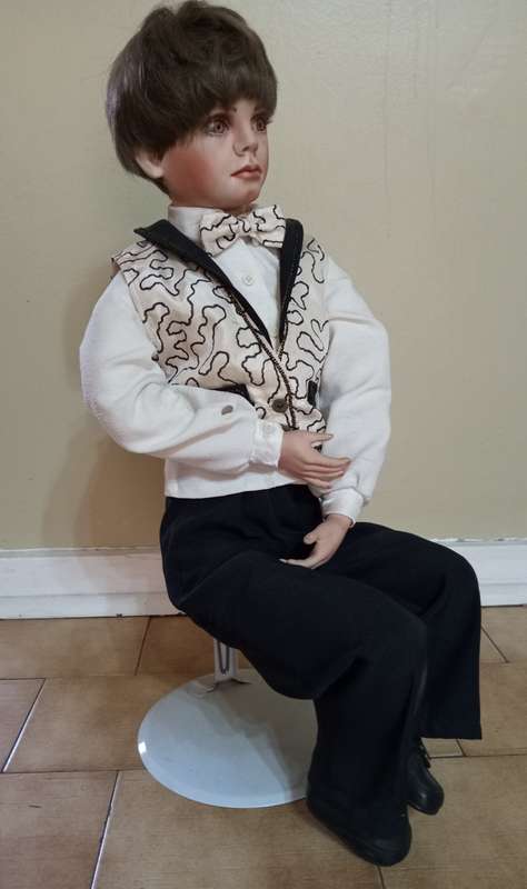 PORCELAIN ANTIQUE DOLL - BRIDAL GROOM DOLL 60+ cm TALL WITH STAND - EXCELLENT DETAIL