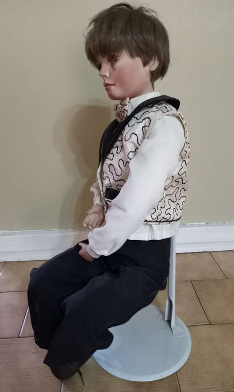 PORCELAIN ANTIQUE DOLL - BRIDAL GROOM DOLL 60+ cm TALL WITH STAND - EXCELLENT DETAIL