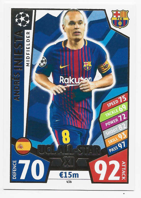 ANDRES INIESTA - TOPPS CHAMPIONS LEAGUE 2017/2018 -  `UCL ALL STAR XI` FOIL TRADING CARD