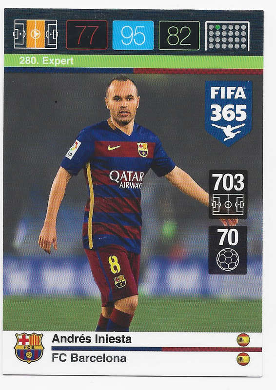 ANDRES INIESTA - PANINI `FIFA 365` 2016 COLLECTION - `EXPERT` FOIL TRADING CARD 280